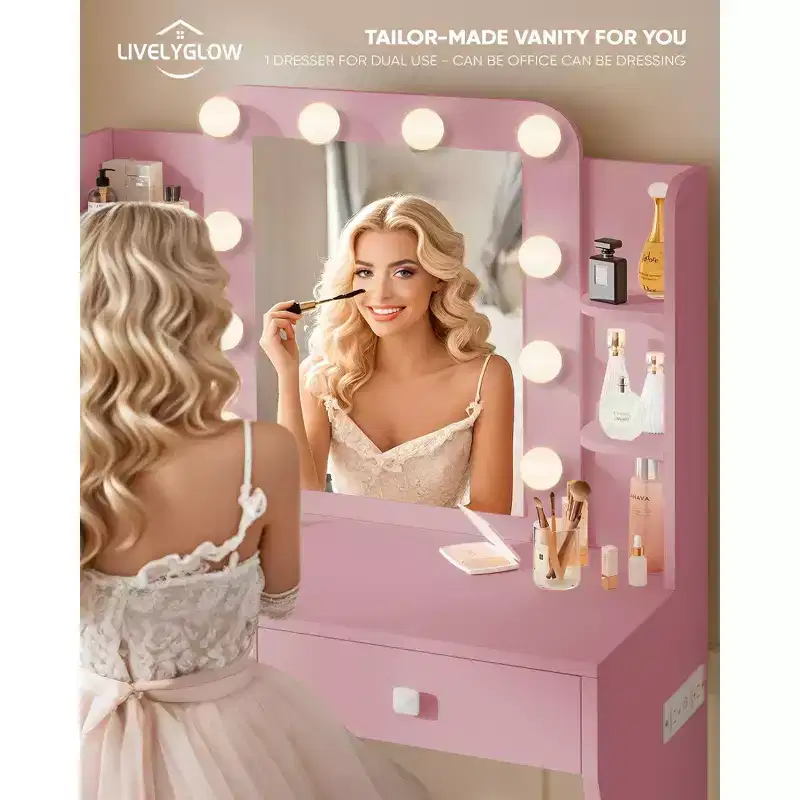 Small Vanity Desk, Vanity with Power Outlet, 3 Lighting Modes & 10 LED Bulbs