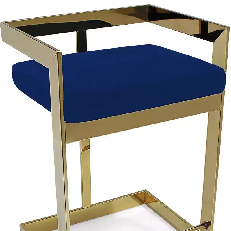 HomeRoots 26 Blue and Gold Metal and Velvet Low Back Counter Height Bar Chair