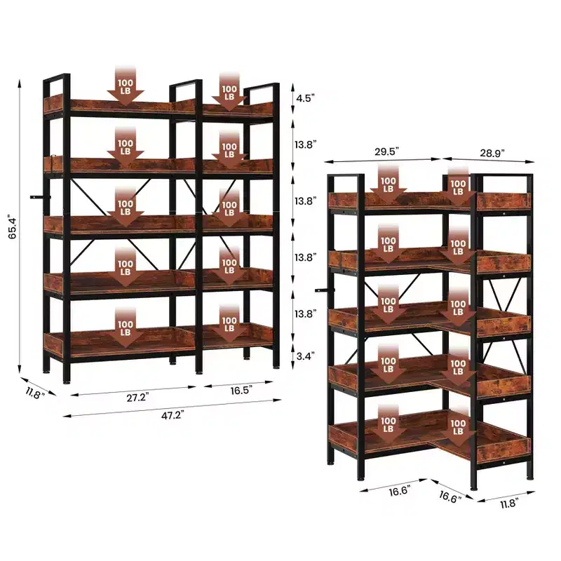 5-Tier Bookshelf, Reversible L-Shaped Corner Bookshelf, 65 Industrial Metal Storage Rack with 10 Open Shelves, Adjustable Etagere for Home & Office