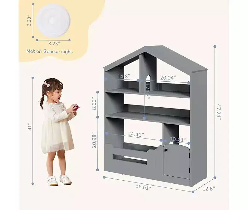 3-Tier Children's Bookshelf and Toy Storage Organizer with Motion Sensor Light C Wooden Book Rack for Playrooms, Classrooms, and Bedrooms