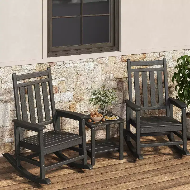HDPE Rocking Chair Outdoor Set of 2 with Side Table - Poly High Back Porch Rocker Chairs for Adults - All Weather Resistant Furniture for Patio