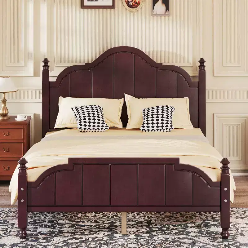 Full/Queen Size Bed Frame with Headboard, Vintage Wooden Platform Bed, No Box Spring Needed