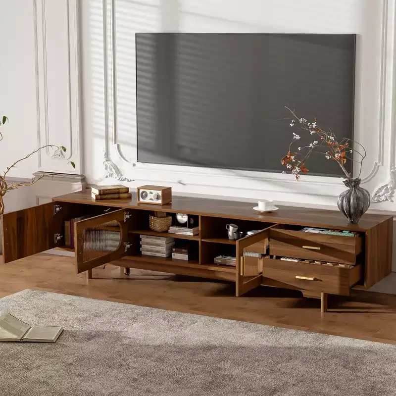 TV Stand 78-Inch, Fits TVs up to 85, Modern Console with Recessed Glass Doors, 2 Drawers, Cable Management, Wooden Legs, for Living Room