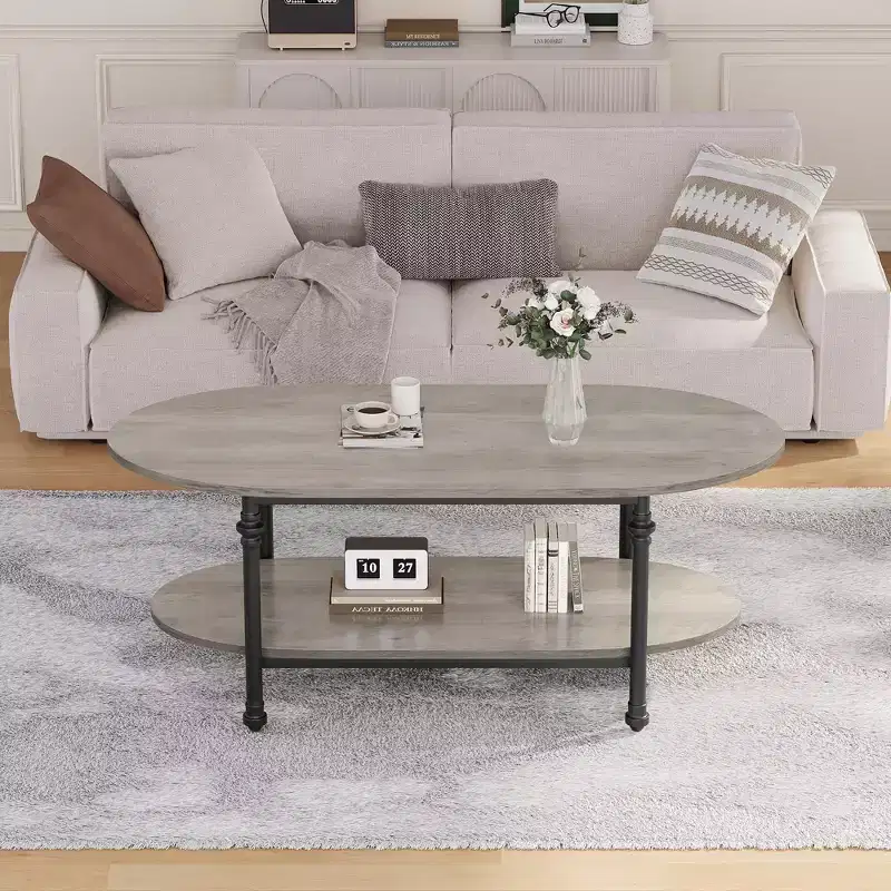 Farmhouse Oval Coffee Table w/Storage, 2-Tier Wood Center Table for Living Room, Modern Coffee Table for Small Space, Office, Apartment