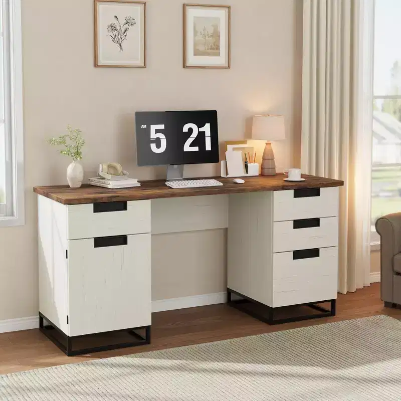 Farmhouse Executive Desk, 59 Inch Computer Desk, White Home Office Desks with File Drawer and Storage Cabinet, Wood Writing Desks for Bedroom, Home