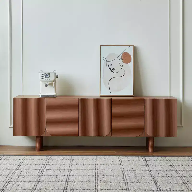 Mid-Century Modern Threaded TV Media Cabinet, fits TVs up to 80 inches, with recessed door panels and 4 storage cabinets, Walnut