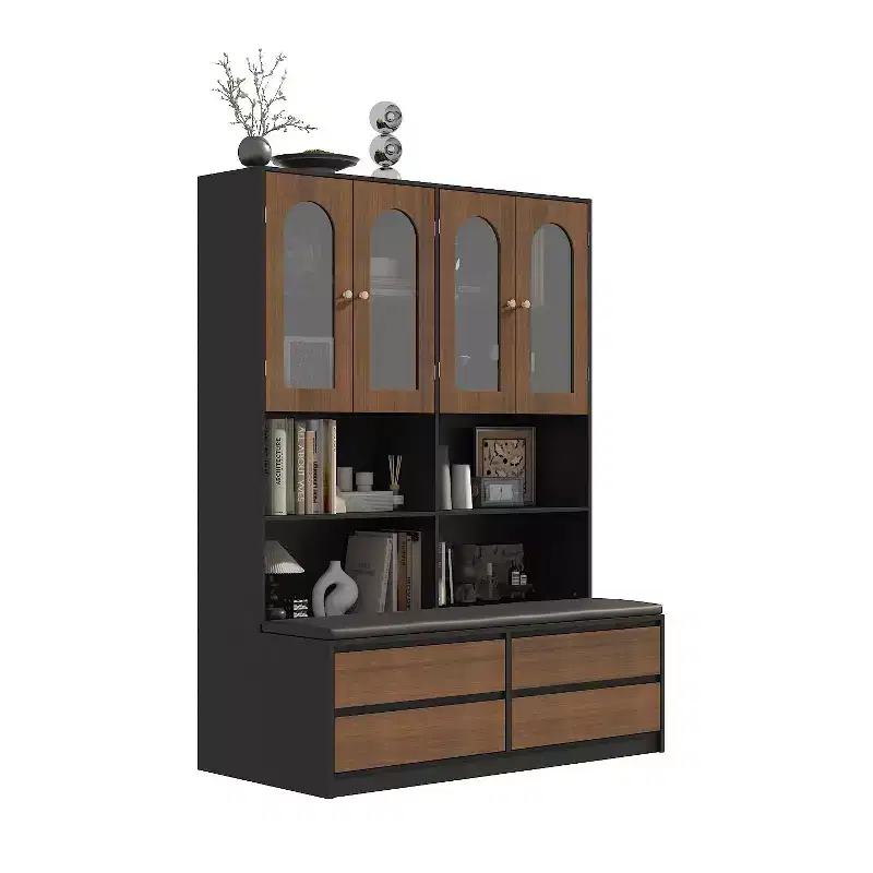 Hitow Bookcase with Cushioned Bench Glass-Door Display Bookcase Cabinet Storage Bookcase with Drawers Arch Glass Doors Entryway Shoe Storage