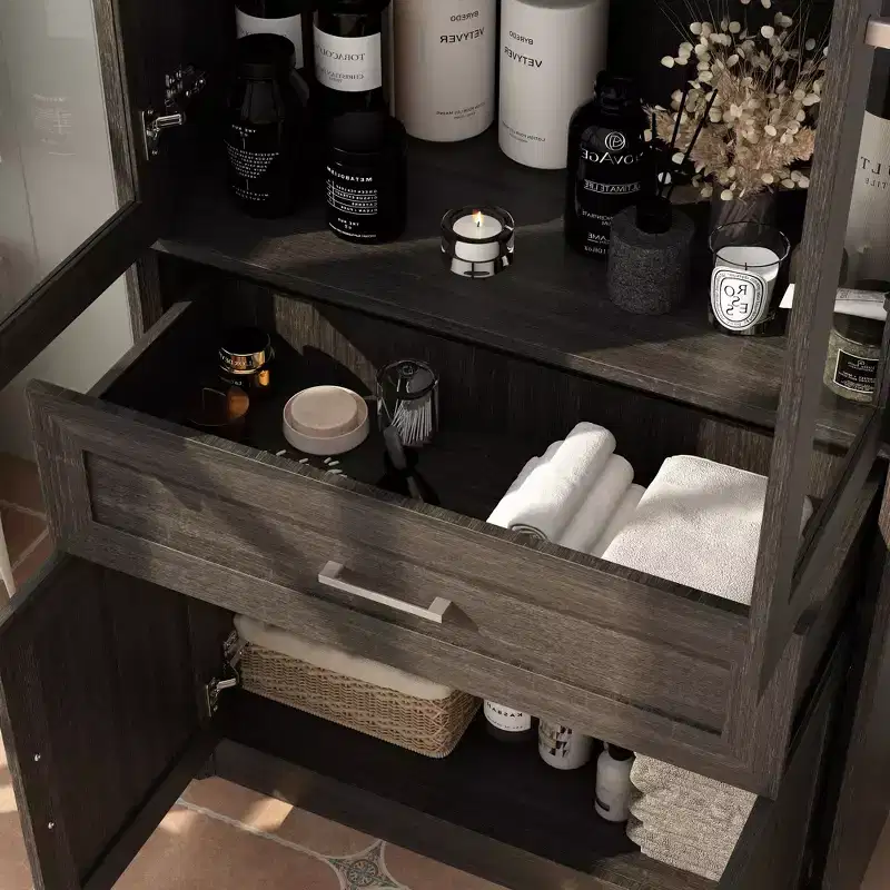 Famapy Tall Bathroom Storage Cabinet,Freestanding Storage Unit with Glass Doors,Anti-Tip Design,for Small Spaces, Dark