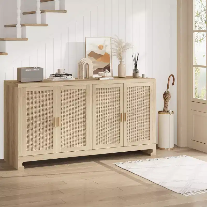 Modern Rattan Storage Cabinet with 4 Woven Doors & Adjustable Shelf - Console Table & Coffee Bar for Kitchen, Dining & Living Room, Accent Cabinet