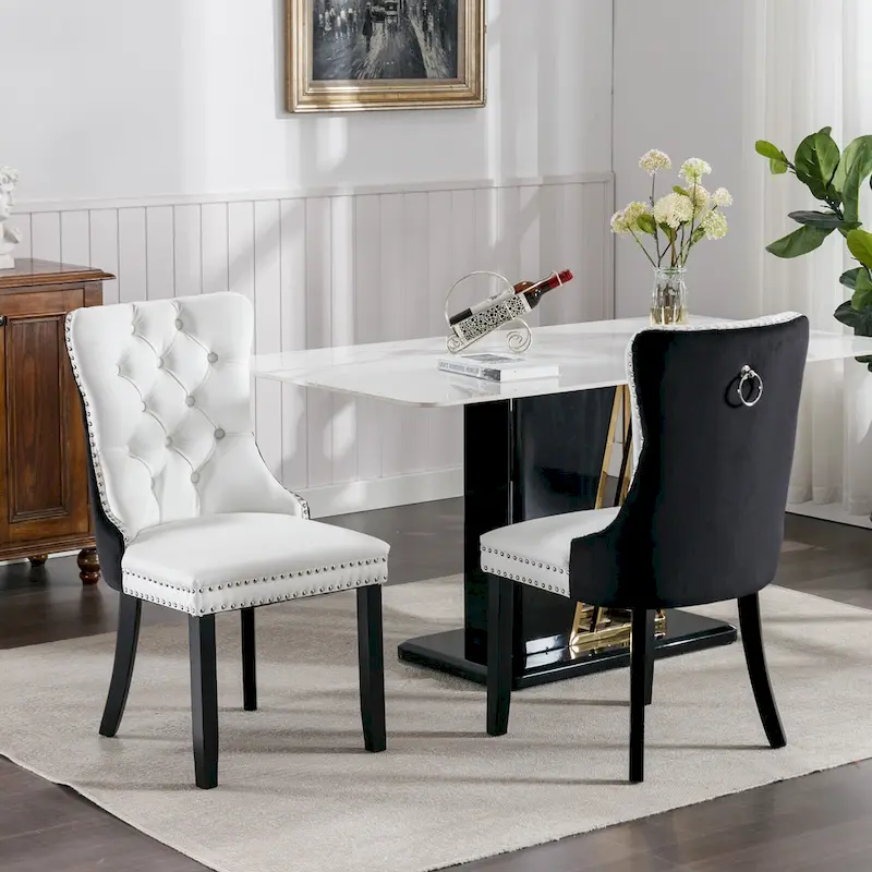 High Back Dining Chairs Set of 2, Upholstered PU Leather Kitchen Chairs Side Chair with Rear Handle Wood Legs