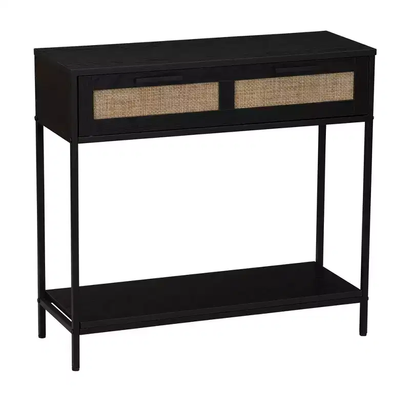 2-Tier Console Table with Drawer and Lower Shelf, Black, Rattan Detail