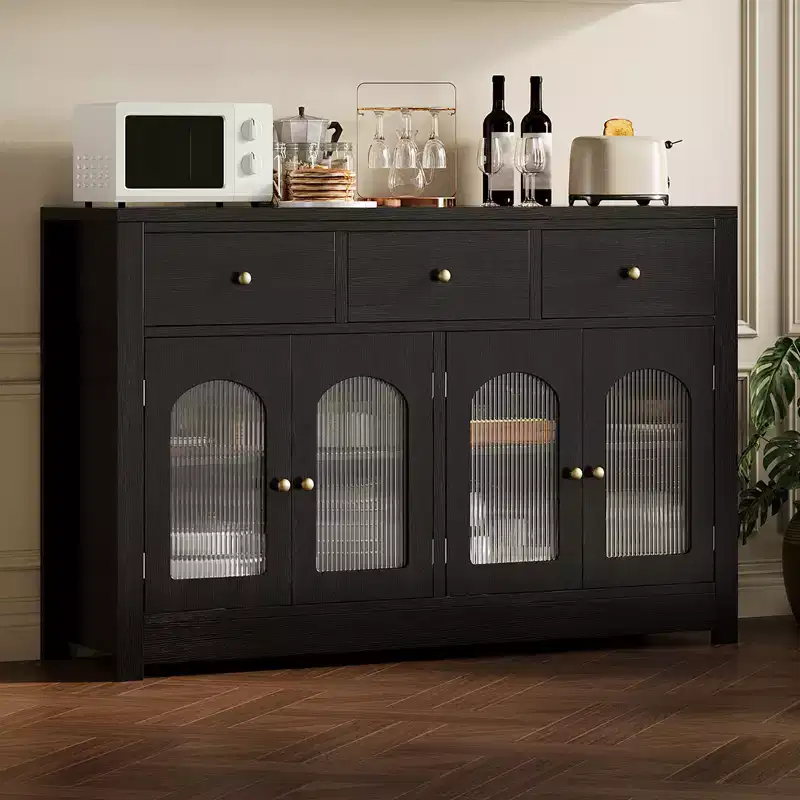 55'' Farmhouse Buffet Cabinet with Storage Large Wood Narrow Kitchen Buffet Storage Cabinet Coffee Bar with 3 Drawers and 4 Doors