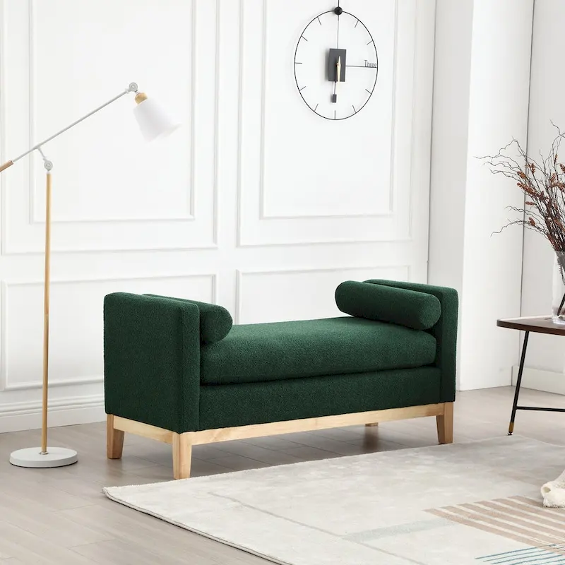 53.5W Elegant Boucle Upholstered Bench, Ottoman with Wood Legs & Bolster Pillows
