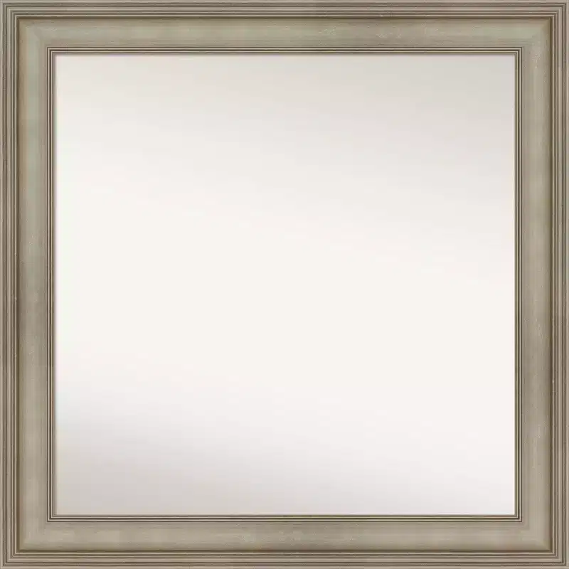 32" x 32" Non-Beveled Mezzanine Antique Silver Narrow Wood Wall Mirror - Amanti Art: Modern Square, Includes Mount Hardware