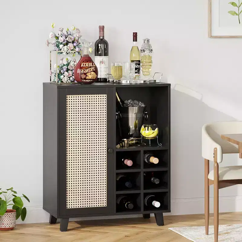 NAYSAYE 47 Bar Rail, Sideboard Cabinet, Storage Bar with Rose Racks Buffet Cabinet for Home Living Room Kitchen Entryway, Black, 15*27.5*33.8
