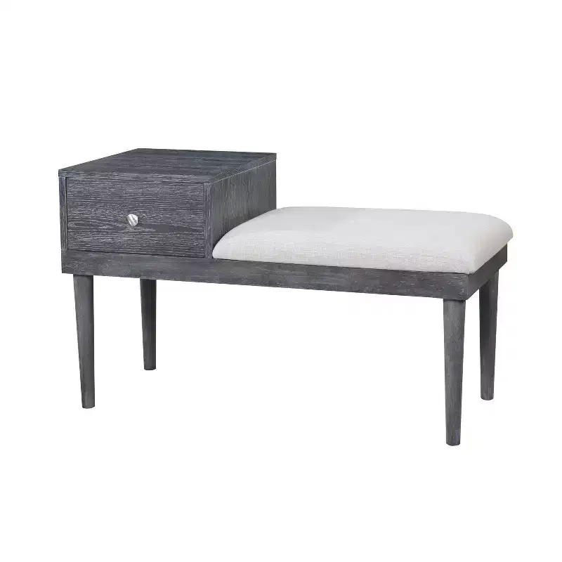 HOMES: Inside + Out Luce Mid Century Modern Storage Bench Weathered Gray: Upholstered, Padded Seat, Wood Legs