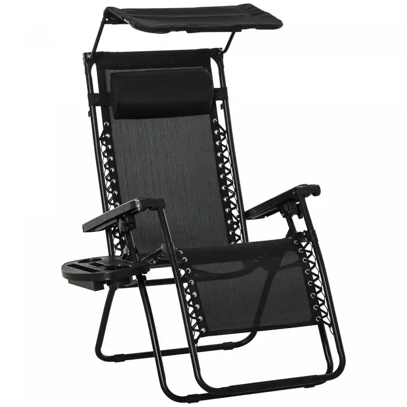 Foldable Lounge Chair With Canopy Shade, Side Tray, Cup Holder
