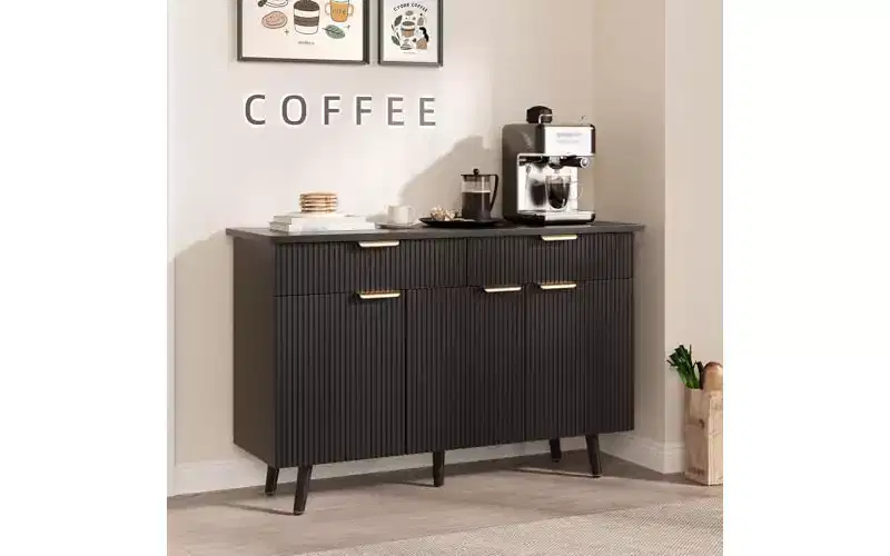 GustoWave 47 Sideboard Buffet Cabinet with Storage,Large Coffee Bar Cabinet Featuring 3 Fluted Doors and 2 Drawers, Adjustable Shelves, Black Finish