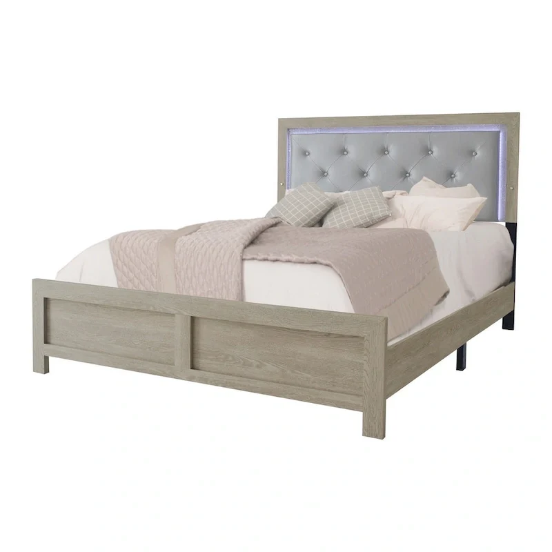 Ancy King Size Bed, Tufted and Upholstered Headboard, Light Gray Finish