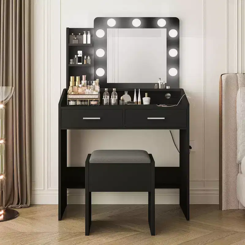 Modern Vanity Makeup Desk with Vanity Mirror, Built-in Lights, 4 Drawers, Crystal Ball Knobs, Power Outlet, White Makeup Desk for Bedroom