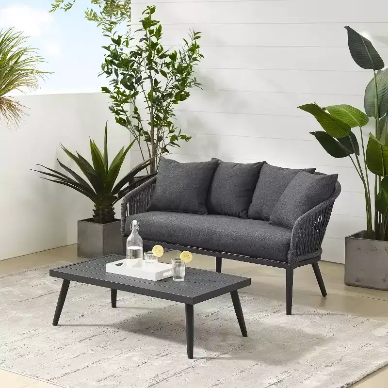 Dover 2pc Outdoor Rope Conversation Set with Loveseat & Coffee Table - Charcoal/Matte Black - Crosley: Steel Frame, UV-Resistant