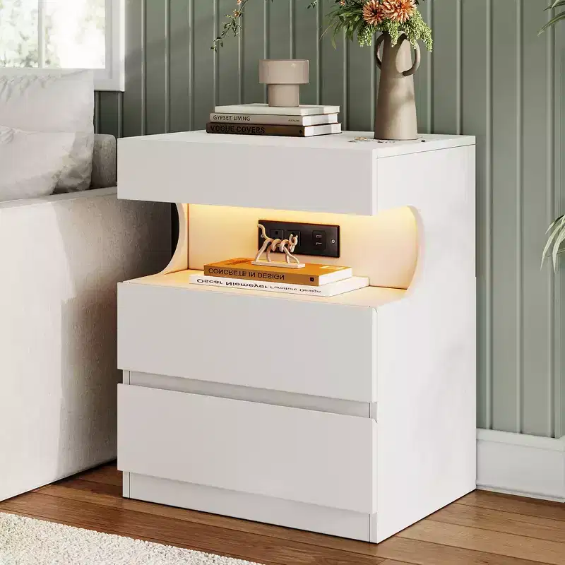 Smart LED Nightstand with Charging Station & 3 Drawers