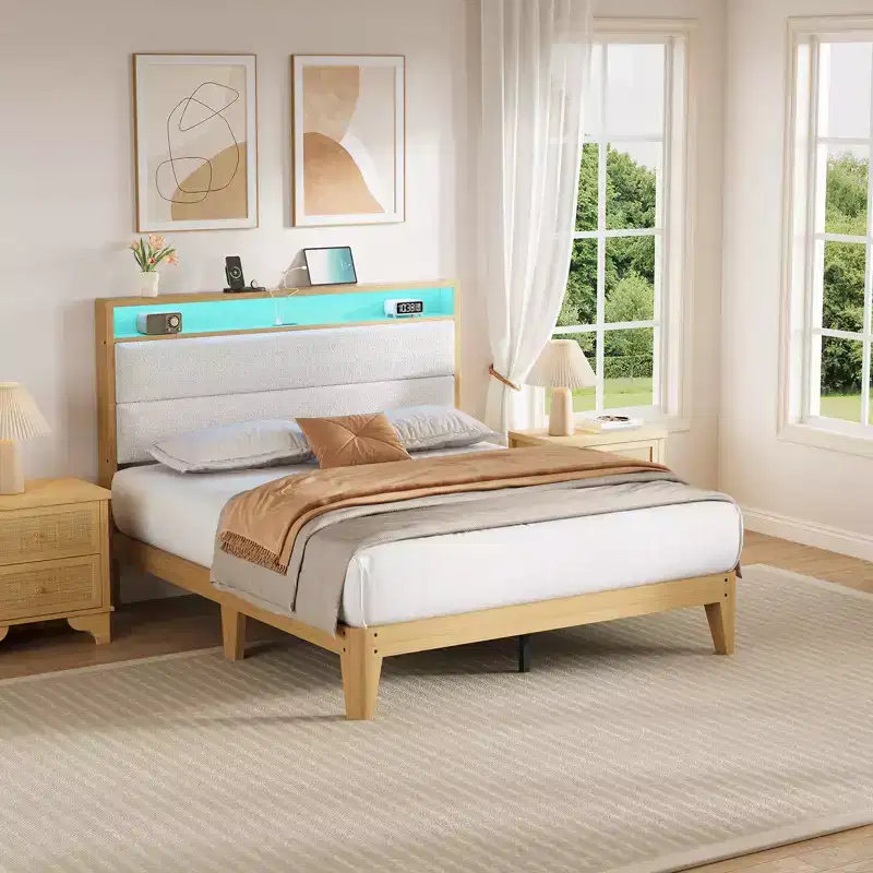 COZONY Bed Frame with RGB LED Lights and 2-Tier Storage Headboard, Modern Platform Bed for Bedroom