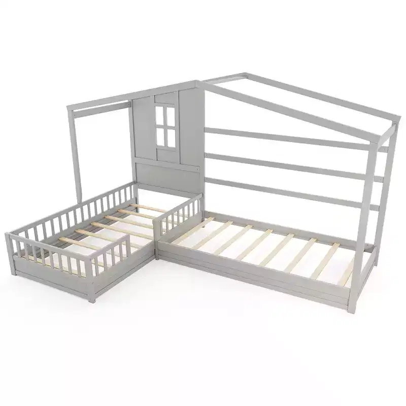 L-Shaped Double Twin Beds House Platform Beds with Window & Fences — Gray/White