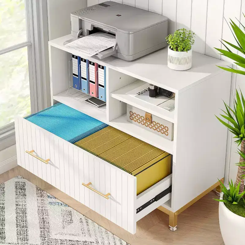 Lateral File Cabinet with Drawer, White and Gold, Printer Stand for Home Office