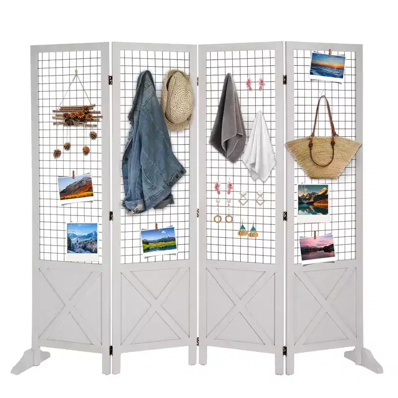 VINGLI 5ft Room Divider Freestanding Gridwall, 4 Panel Folding Display Board Organizer with Feet, Wooden Frame for Craft Shows Events Retail(White)