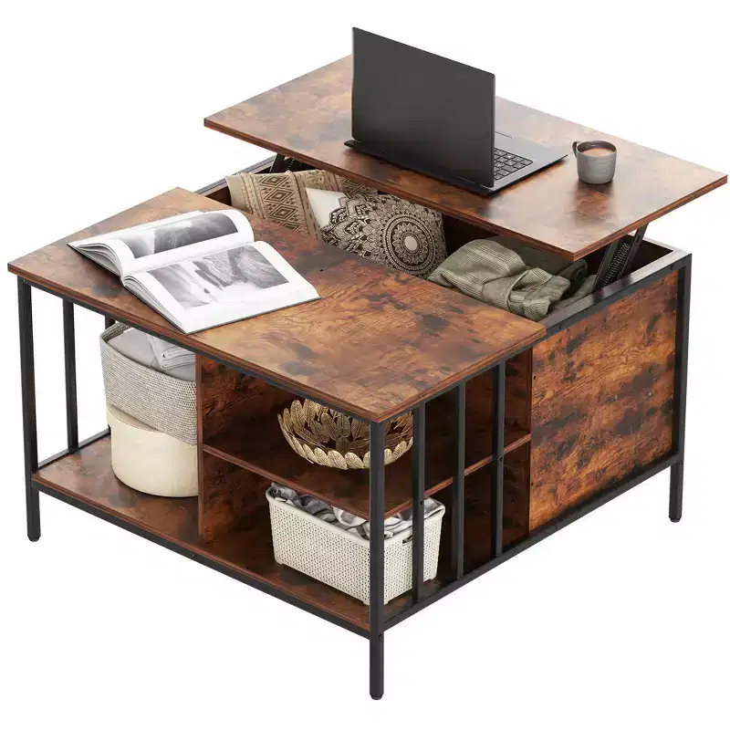 Zeus & Ruta 31.5 Farmhouse Lift-Top Coffee Table with Adjustable Height, Hidden Compartment & 3 Shelves for Living Room