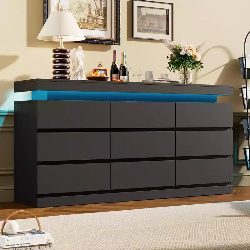 9 Drawer Dresser for Bedroom - 63'' Wide Chest of Drawers with LED Light and Charging Station, Large TV Stand Multi-Function Home Organizer