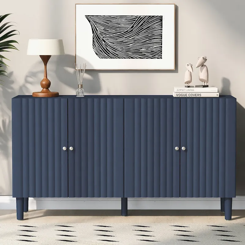 Elegant Four-Door Sideboard with Wavy Pattern Doors, Cylindrical Legs, and Sleek Metal Handles, Adjustable, for Living Room