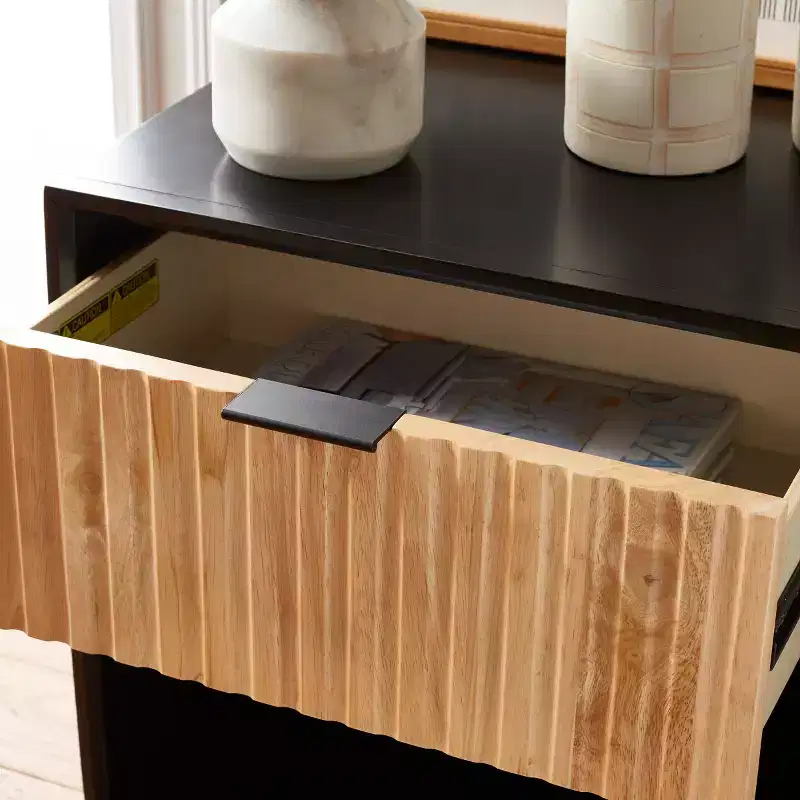 1-Drawer Nightstand with Open Shelf, Carved Wood Drawer & White Frame
