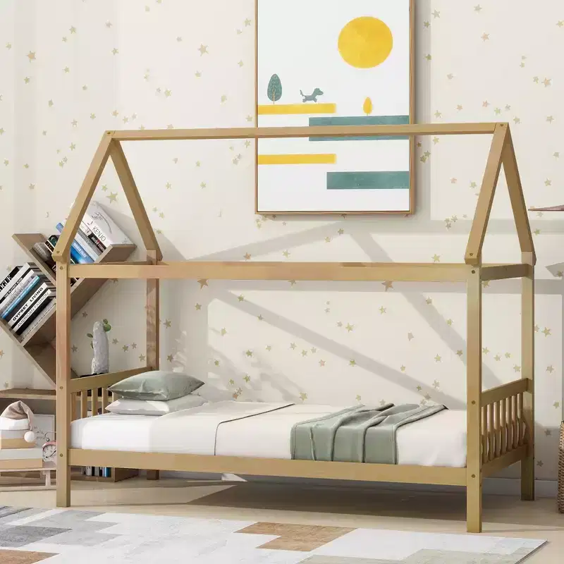 Twin Rubber Wood Bed with House Frame Beige