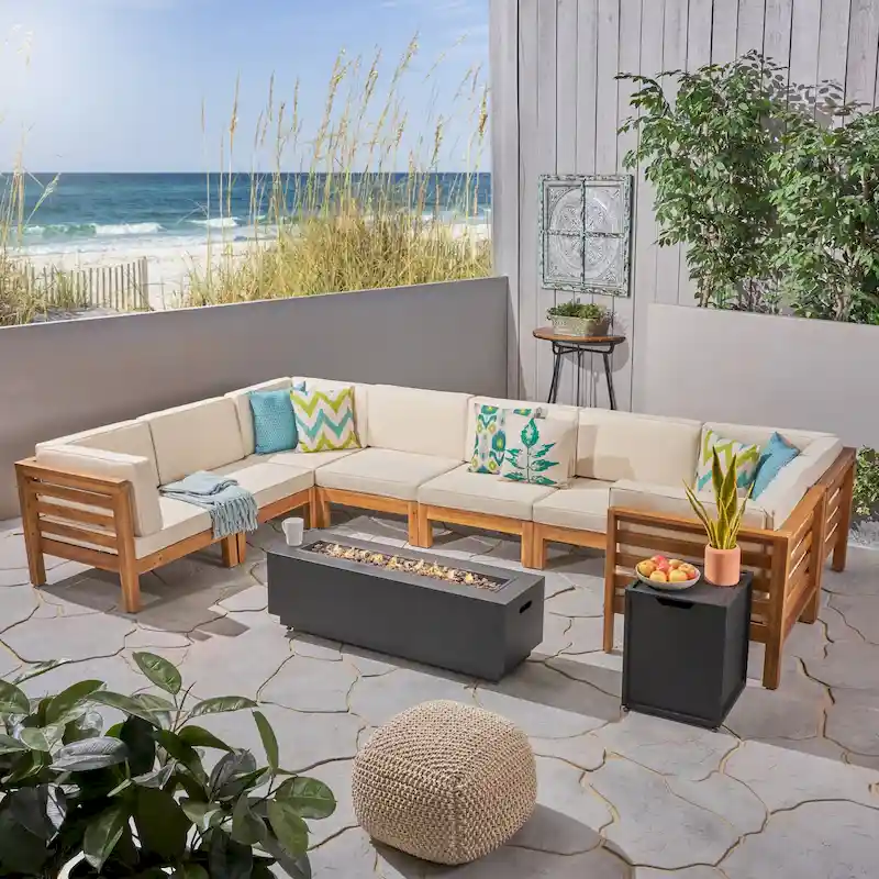 Malawi Outdoor 10-Piece U-Shaped Acacia Wood Sectional Sofa Set with Fire Pit by Christopher Knight Home