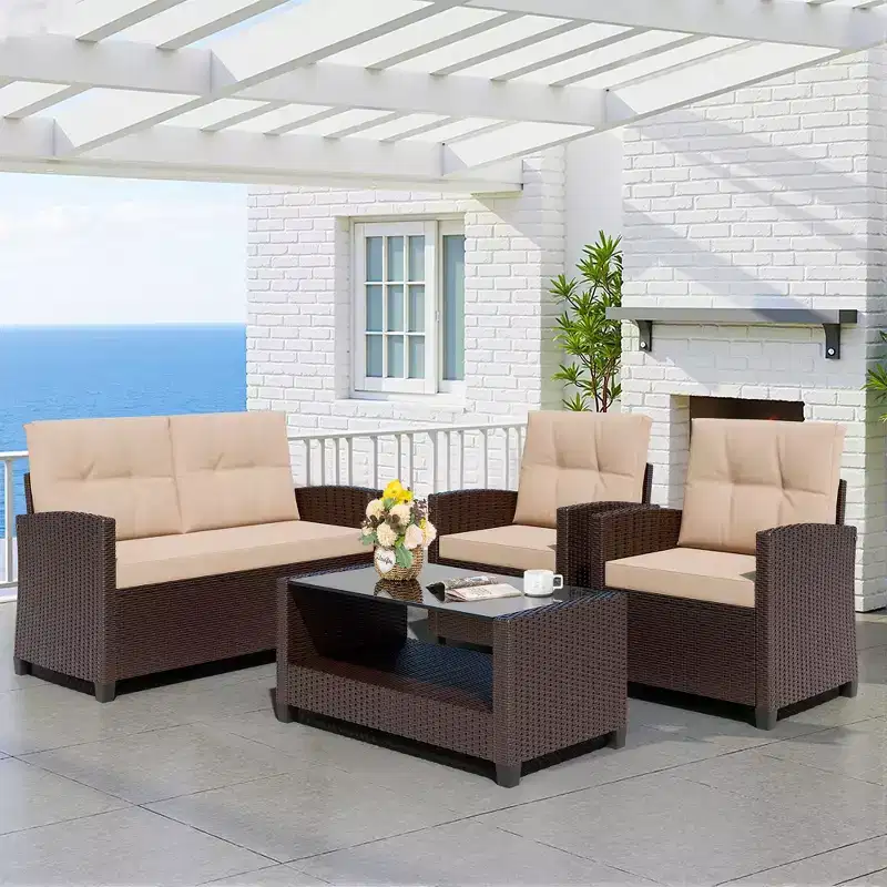 Celebalcony 4 Piece Wicker Complete Patio Set With Cushions