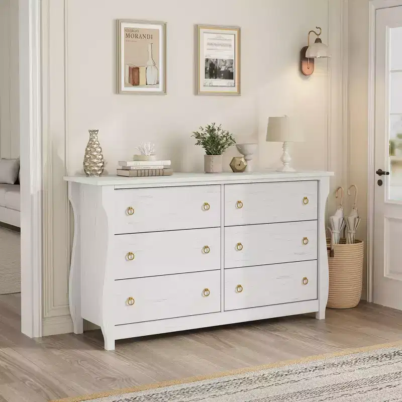 6/7-Drawer Tall Dresser with Curved Legs & Rattan Accents, Freestanding Storage
