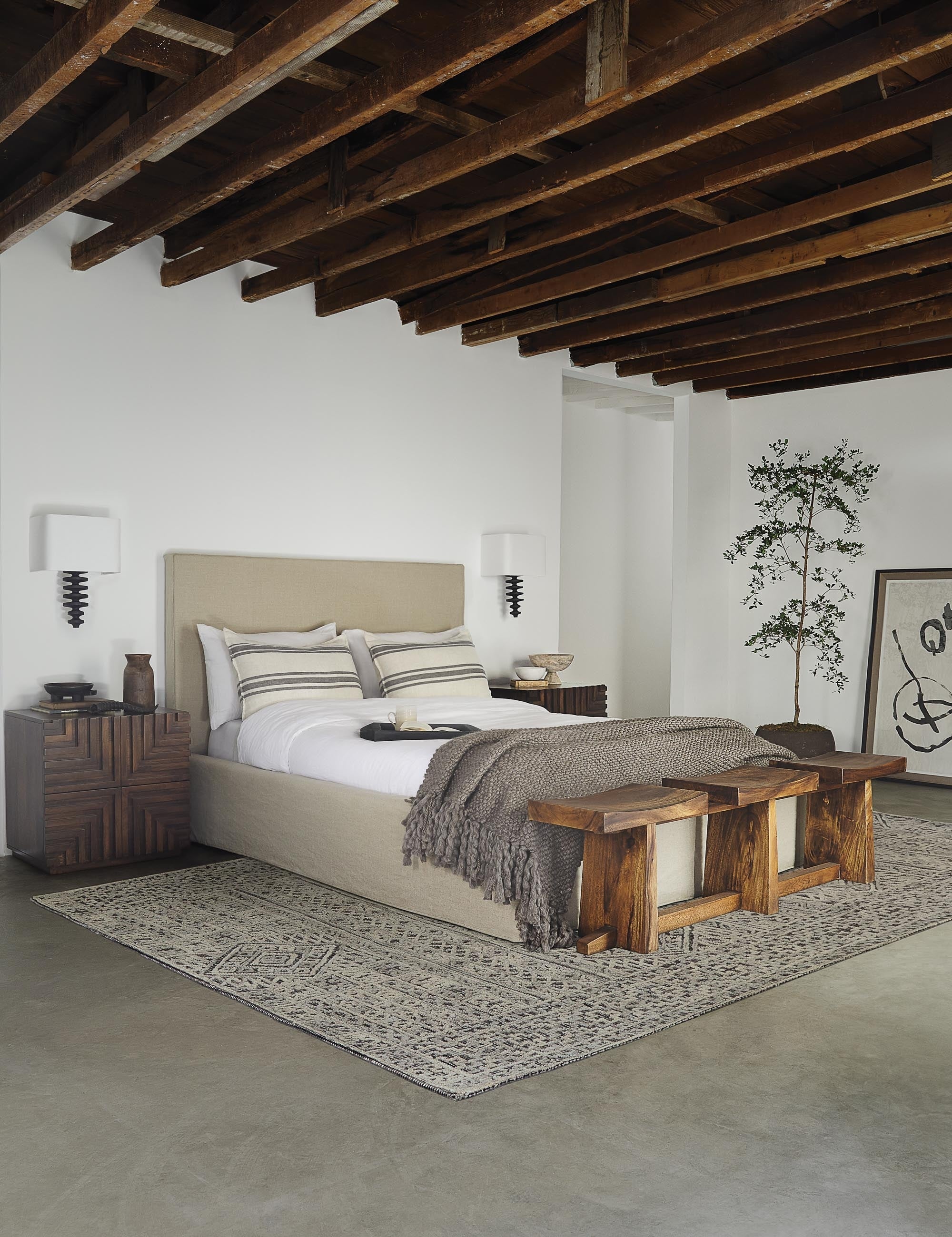 Bed Casual and easy to style, this platform bed features a linen slipcover-inspired drape for subtle texture throughout. The upholstered headboard