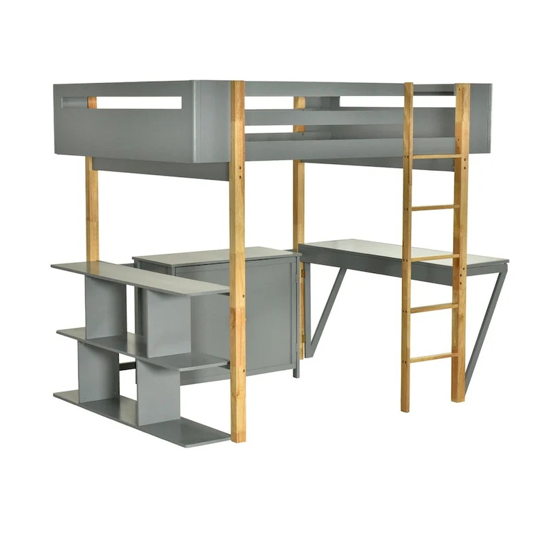 Full Size Wood Loft Bed With Cabinet and Cubes