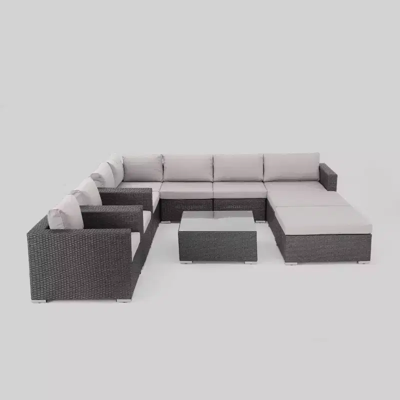 Santa Rosa 10pc Wicker Patio Sectional Sofa Set: Modern Gray Outdoor Seating, Weather-Resistant, Aluminum Frame, Removable Cushions
