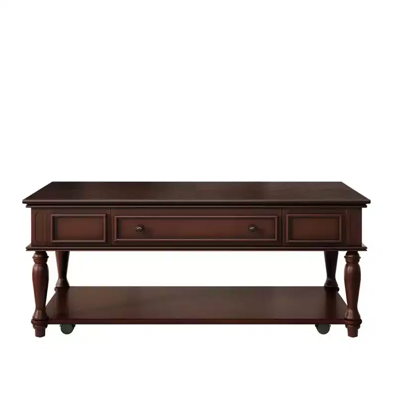 Farmhouse Coffee Table with One Drawer Lockable Wheels and Solid Wood Legs for Living Room, Espresso
