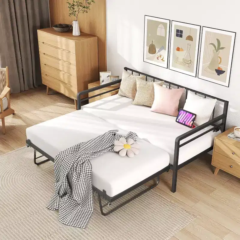 Twin Daybed with Pop Up Trundle, Metal Day Bed Frame LED Lights Day Bed with Trundle Bed Twin, Black Daybed for Living Room, Bedroom