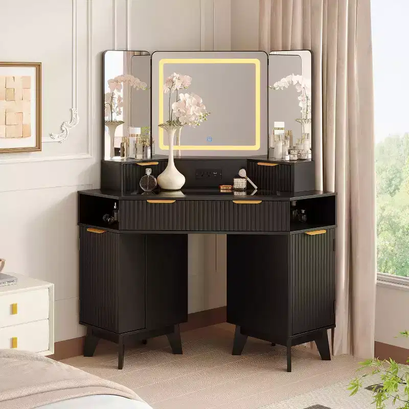 Fluted Vanity Table with Mirror, Glass Top, Cabinet and Drawers, Makeup Desk