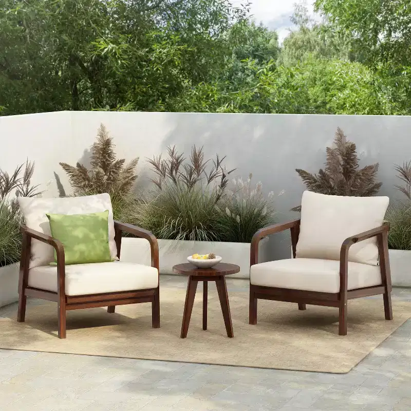 Christopher Knight Home Sylas 3 Piece Modern Acacia Wood Patio Seating Set with Woven Backrest and Deep Cushions