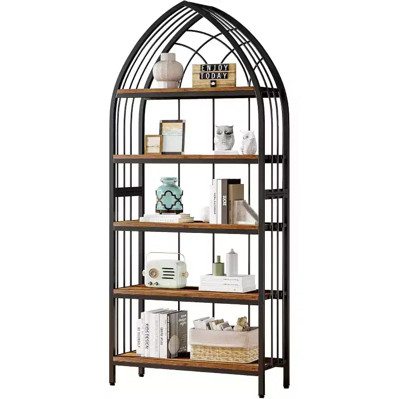 Brown Industrial Curved 5-Tier Bookshelf – 1–2 Person Household