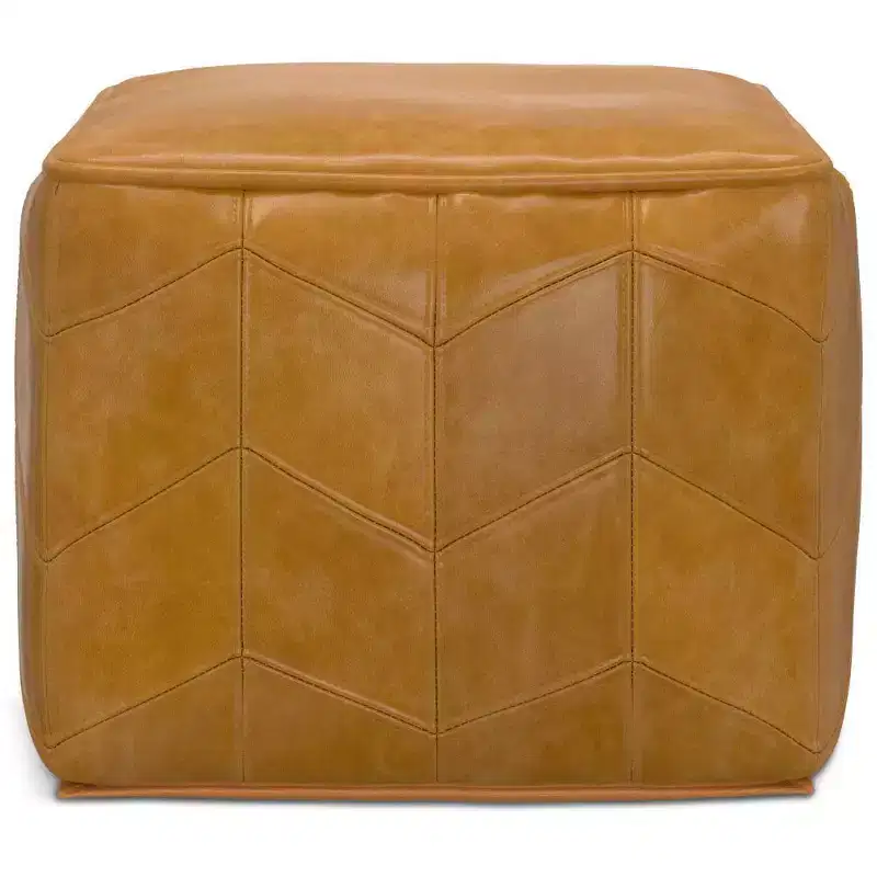 Square Pouf Brown: Chevron Genuine Leather, No Assembly, Padded Seating