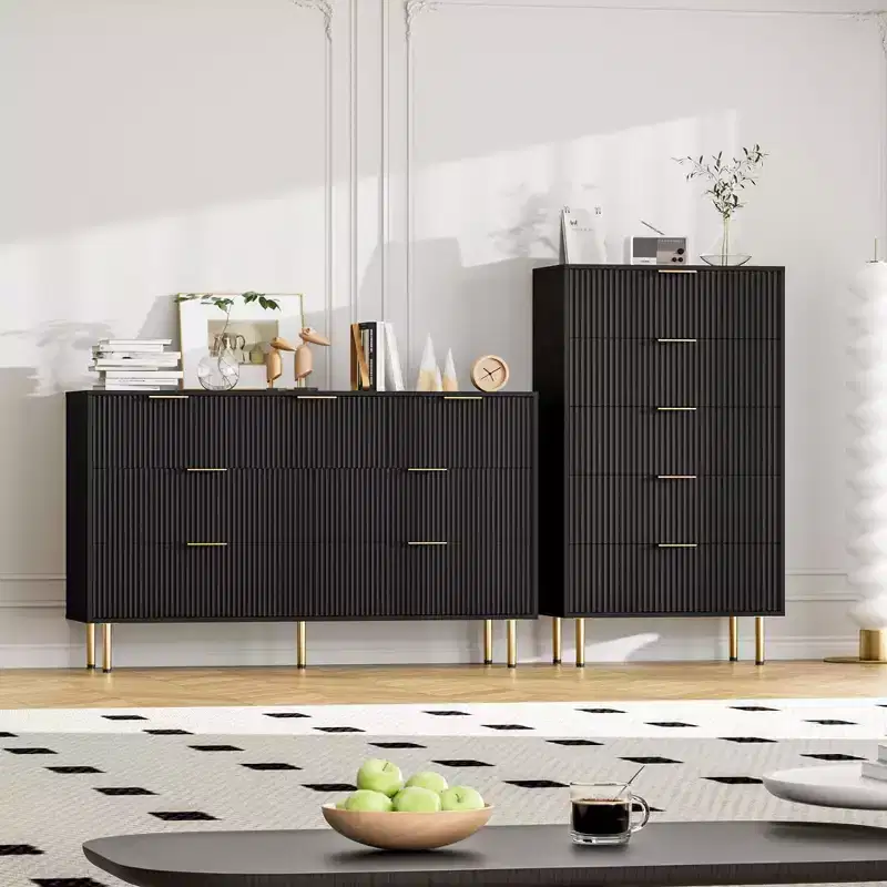 7-Drawer Fluted Dresser with Gold Handles, Modern Storage Chest Organizer for Bedroom, Living Room, Hallway