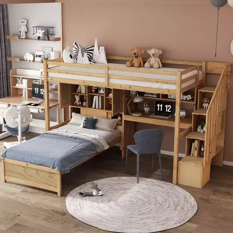 Wood Twin Size Bunk Bed with Desk and Staircase, L-Shaped Twin over Twin Loft Bed with Storage Compartments and Shelves