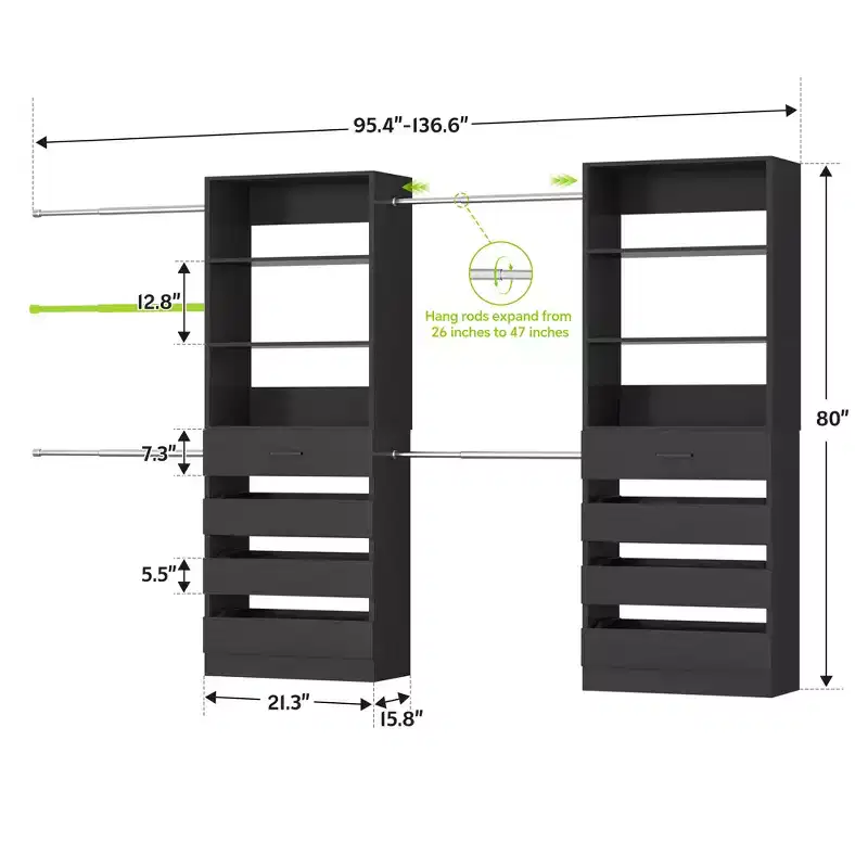 Besiost Closet System with 8 Wooden Drawers and 4 Hanging Rods
